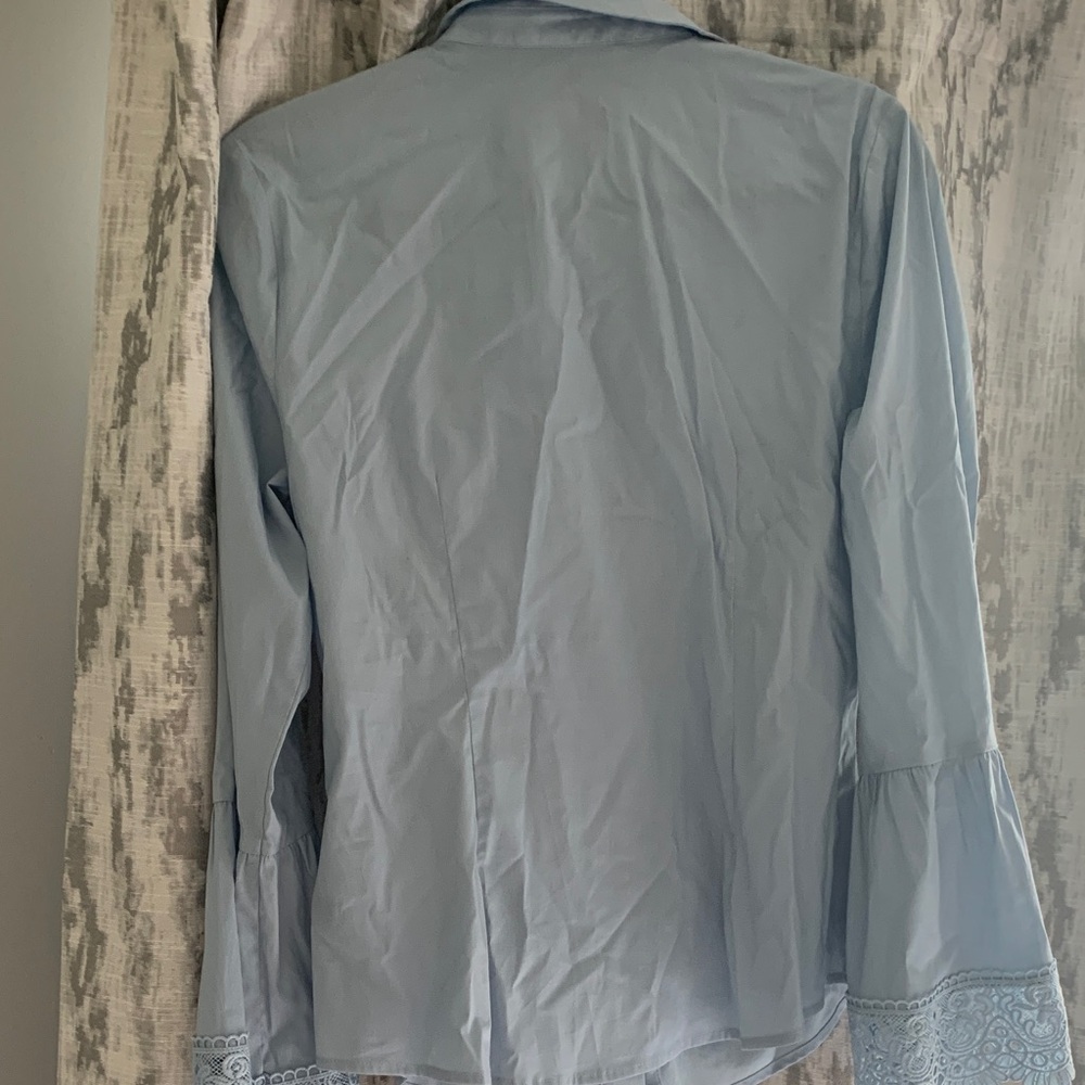 Women's Light Blue Button-Front Ruched Blouse with Lace Trim - Picture 3 of 3